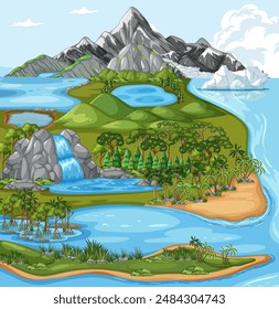 A vibrant landscape featuring mountains, lakes, and forests