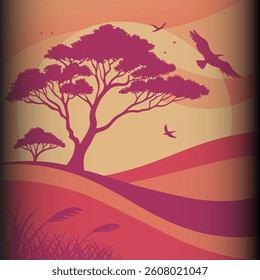 A vibrant landscape featuring silhouetted trees against a warm, fiery sunset. Birds soar gracefully overhead, creating a dynamic and serene scene filled with bold red and orange hues.