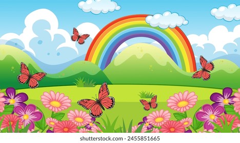 Vibrant landscape with flowers, butterflies, and rainbow