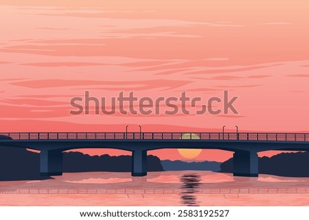 Vibrant Landscape Illustration Featuring an Elegant Modern Bridge, Peaceful Waters, and a Stunning Sunset Glow Across the Horizon.
