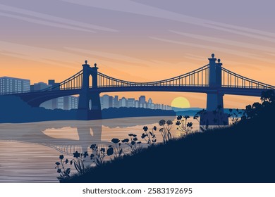 Vibrant Landscape Illustration of Peaceful River Sunset Over an Iconic Suspension Bridge with Silhouetted Cityscape and Riverside Flora.