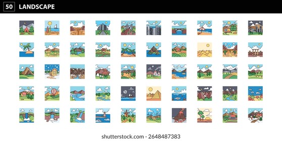 Ícones vibrantes da paisagem e da cena da natureza - Ilustrações de montanhas, praias, florestas, cidades