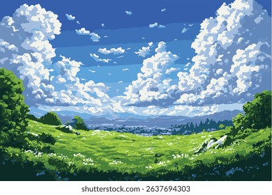 Vibrant landscape painting depicting a lush green meadow under a bright blue sky