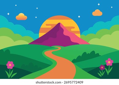 Paisagem vibrante com caminho sinuoso e montanha ao pôr do sol