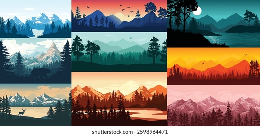 Vibrant landscapes present a variety of mountain and forest scenes at different times of day. Each image captures the beauty of nature through distinct colors and settings.
