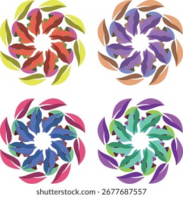 A vibrant layered floral pattern featuring radiating petals in red, purple, blue, and green hues, perfect for decorative elements, visual identity, and artistic applications.