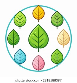 Vibrant leaf illustration featuring various colored leaves arranged in a circular pattern, symbolizing nature, growth, and environmental harmony.