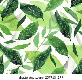 Vibrant and leafy botanical seamless pattern, a touch of natural greenery vector design. Varying watercolor shades of green depth and tranquility for backgrounds, textiles or decorative elements