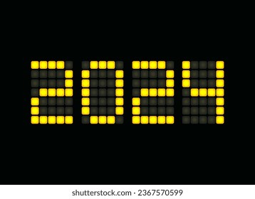 Vibrant LED clock displaying 2024, bright yellow digits on a sleek digital screen set against a dark background. Perfect for greeting card and 2024 calendar for tech enthusiasts. Vector illustration