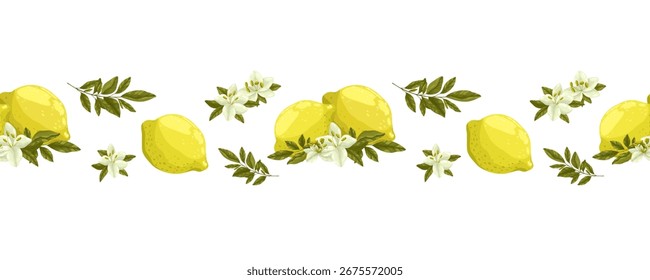 Frontera de Vector sin fisuras de limón y flor vibrante. Esta ilustración dibujada a mano presenta limones maduros, delicadas flores blancas y hojas verdes, perfectas para agregar un toque fresco y cítrico a sus diseños