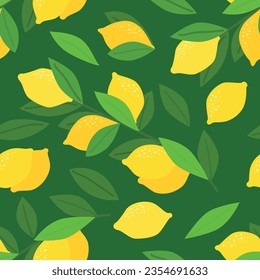 Vibrant lemon and fresh green leaves create a lively seamless pattern, invoking a sense of zestful nature and sunny vibrancy.