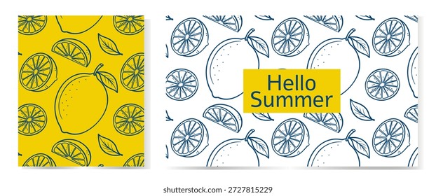 Vibrant lemon pattern designs with fresh citrus and "hello summer" message. vector