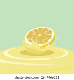A vibrant lemon slice is depicted with juice splashing around it, creating a dynamic and refreshing visual effect in a stylized, flat illustration.