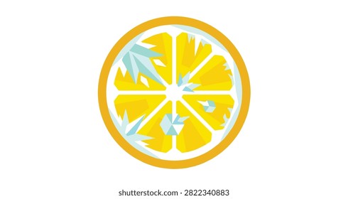 vibrant lemon slice with vivid yellow segments and sharp angular blue ice cubes showing fresh citrus and cooling elements