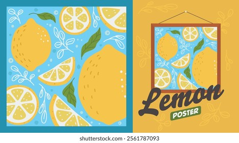 A vibrant lemon vector illustration of bursting with lemons, slices, and leaves, plus a framed poster version. Perfect for summery projects and adds a zesty touch to any space.