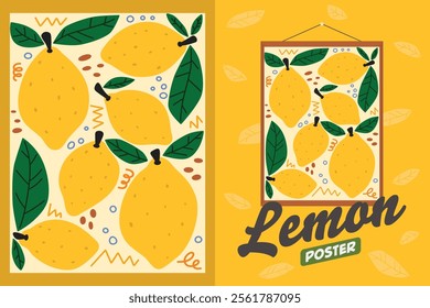 A vibrant lemon vector illustration of bursting with lemons, slices, and leaves, plus a framed poster version. Perfect for summery projects and adds a zesty touch to any space.