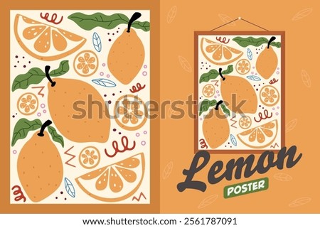 A vibrant lemon vector illustration of bursting with lemons, slices, and leaves, plus a framed poster version. Perfect for summery projects and adds a zesty touch to any space.