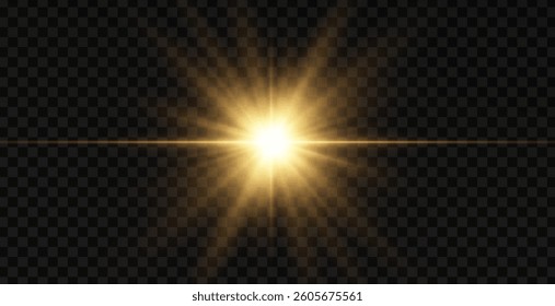 A vibrant lens flare featuring bright golden light on a dark background. This vector image showcases realistic light effects, perfect for dawn, sunset, or sun glints on an isolated transparent backgro
