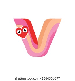 A vibrant letter V illustration featuring a charming red heart with eyes, ideal for romantic or educational content.