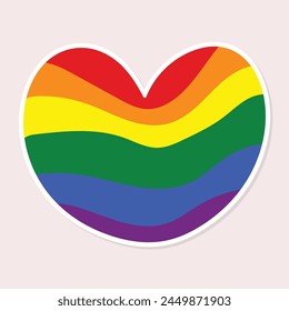 Vibrant LGBT heart sticker on isolated background. Vector rainbow symbol of LGBT pride. For stickers, emblems.