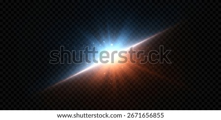 A vibrant light collision of red and blue glowing energies with shining rays and sparkling particles on a transparent dark background.