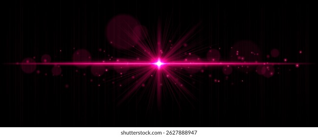 Flare de luz vibrante com raios brilhantes e partículas de bokeh macias no fundo preto. Elegante efeito de brilho vetorial horizontal para realces digitais e designs cinematográficos.