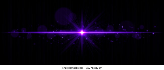 Flare de luz vibrante com raios brilhantes e partículas de bokeh macias no fundo preto. Elegante efeito de brilho vetorial horizontal para realces digitais e designs cinematográficos.