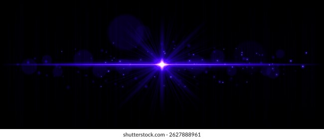 Vibrant light flare with glowing rays and soft bokeh particles on black background. Stylish horizontal vector glow effect for digital highlights and cinematic designs.