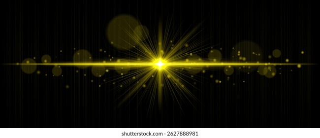Vibrant light flare with glowing rays and soft bokeh particles on black background. Stylish horizontal vector glow effect for digital highlights and cinematic designs.