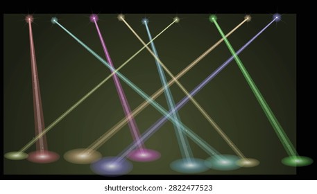 Vibrant light rays intersecting on stage, colorful lens flare and glowing pools of light, vector illustration for performance and party designs.