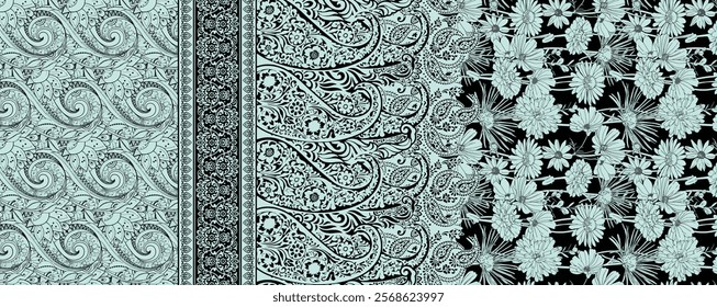 Vibrant Light Teal Paisley and Floral Print Design