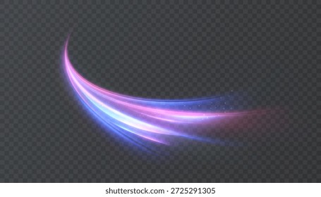 Un rastro de luz vibrante con un efecto brillante sobre un fondo transparente. Un flujo dinámico con vibrantes líneas púrpuras y azules para temáticas de ciencia ficción, Gráficos para video o interfaces digitales abstractas.