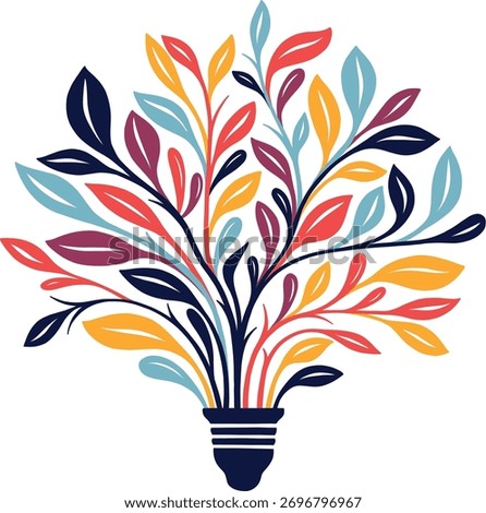 a vibrant lightbulb sprouting colorful leaves, symbolizing creative ideas, innovation, and growth. a design concept for inspiration and design