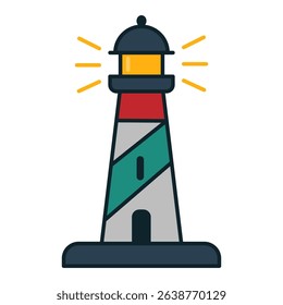A vibrant lighthouse stands tall by the shore, emitting a bright light. The structure features red, green, and gray stripes and is surrounded by water and a clear sky.
