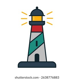 A vibrant lighthouse stands tall by the shore, emitting a bright light. The structure features red, green, and gray stripes and is surrounded by water and a clear sky.