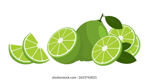 Fruta de limão vibrante com fatias e folhas verdes sobre fundo branco, perfeito para alimentos, bebidas, frescura e conceitos de saúde.
