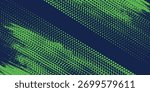 Vibrant lime green halftone dots and grunge brush strokes on a navy blue background