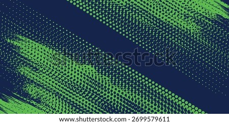Vibrant lime green halftone dots and grunge brush strokes on a navy blue background