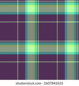 Vibrant lime green and teal plaid pattern on a deep purple background.  Perfect for textile design, fashion, or website backgrounds.