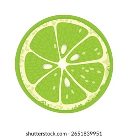 Vibrant lime slice displaying detailed texture, segments, juice, and seeds, ideal for food and beverage illustrations, recipe books, and healthy eating promotions