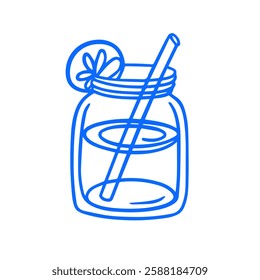 A vibrant line art illustration of a refreshing drink in a jar, topped with a lemon slice and a straw