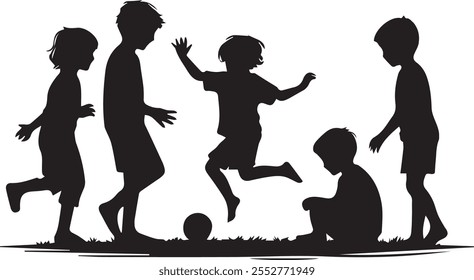 Un vibrante diseño de Ilustración vectorial de silueta de arte de línea que representa a un alegre grupo de niños jugando juntos, capturando la esencia de la diversión y la amistad en movimiento.