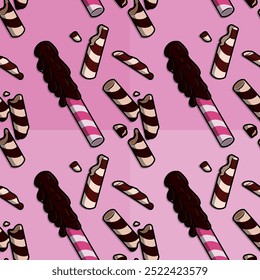 Vibrant Line Cartoon Pattern Illustration of Pink Wafer Rolls Glazed in Chocolate Ideal for Sweet Treats and Dessert Artwork