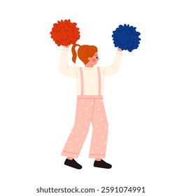 A vibrant and lively cartoon character enthusiastically cheering with bright red and blue pom poms held high