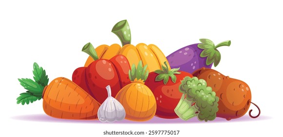 A vibrant and lively illustration that beautifully showcases a variety of fresh, nutritious vegetables and garlic