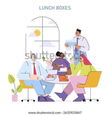 A vibrant and lively office scene where colleagues joyfully share lunch and laughter around a communal table