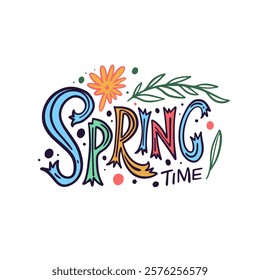 A vibrant and lively spring text artwork showcasing colorful lettering alongside beautiful floral designs