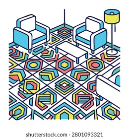 A vibrant living room scene featuring two teal and white chairs, a white coffee table, and a yellow lamp on a multicolored geometric patterned floor