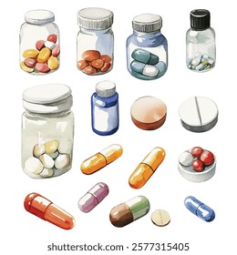 Vibrant llustration of various colorful pills and capsules in glass jars and blister packs, perfect for medical, health, and wellness projects.