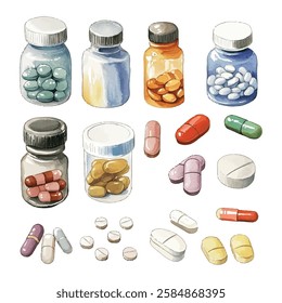 Vibrant llustration of various colorful pills and capsules in glass jars and blister packs, perfect for medical, health, and wellness projects.